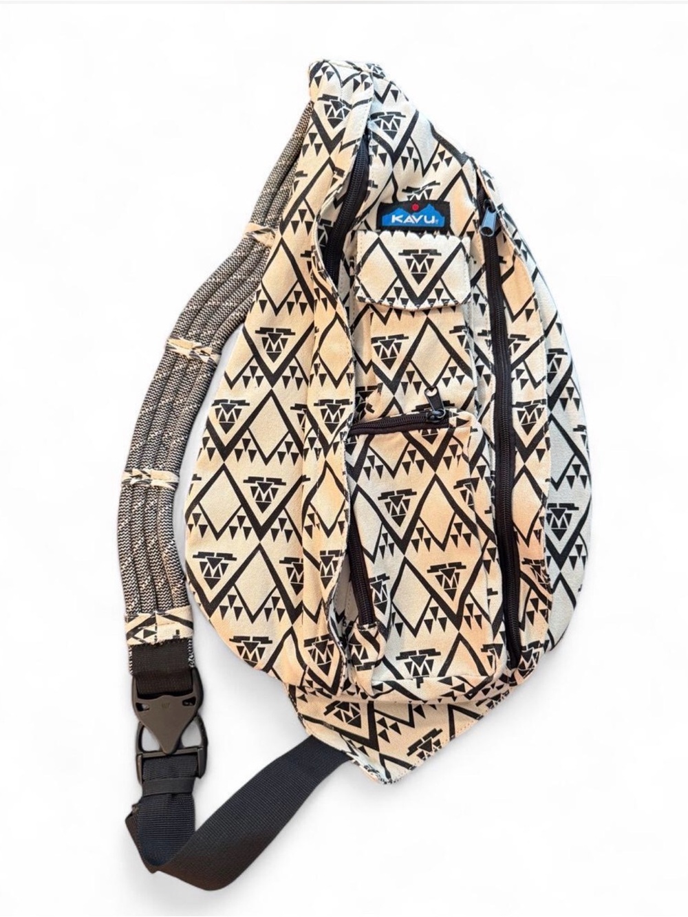 KAVU black and beige geometric triangle pattern sling bag. Like new condition!